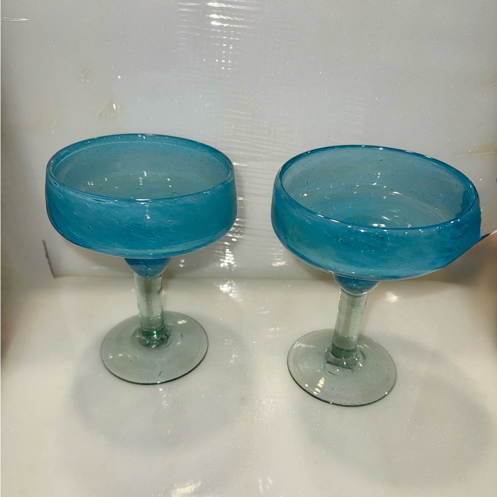 Two Hand Blown Margarita Glasses Aqua Blue 14oz Set of 2 Heavy Duty Excellent